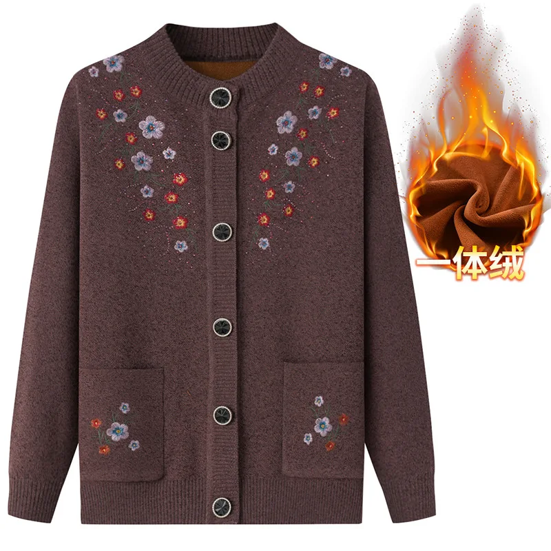 Suéteres de punto bordados para madre mayor, cárdigan grueso de terciopelo, XL-4XL, primavera, otoño, invierno