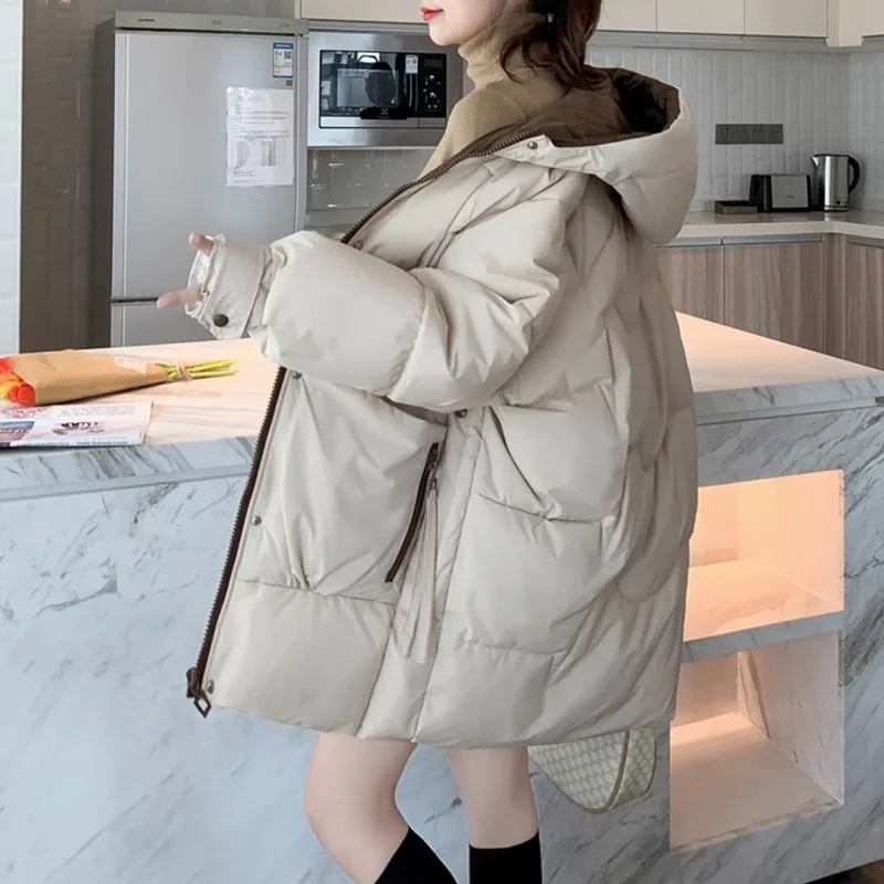 

Women Mid-Length Cotton Coat Fall Winter Thick Warm Contrast Color Simple Zipper Pockets Casual All-Matched Hooded Outerwear