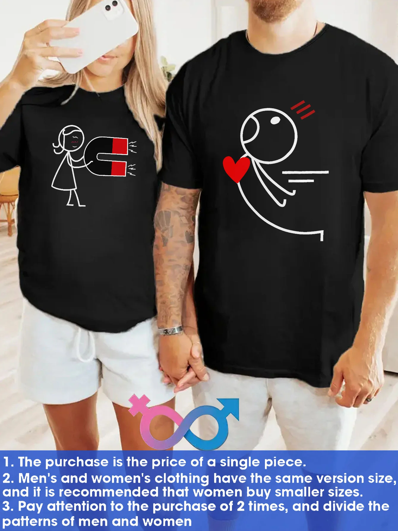 

1 romantic couple with printed short-sleeved T-shirt, printed with magnet love-absorbing pattern Valentine's Day clothing