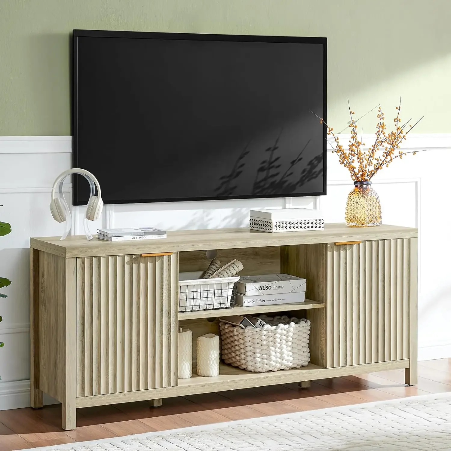 Fluted TV Stands for Living Room, Heavy Duty Entertainment Center with Storage, Television Stands for 50/55/60/65 TV ,Medium