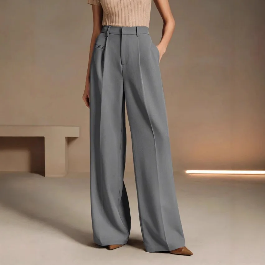 High Waist Draped Straight Leg Suit Pants for Women Commute Style White Casual Fashionable Trousers Polyester Material