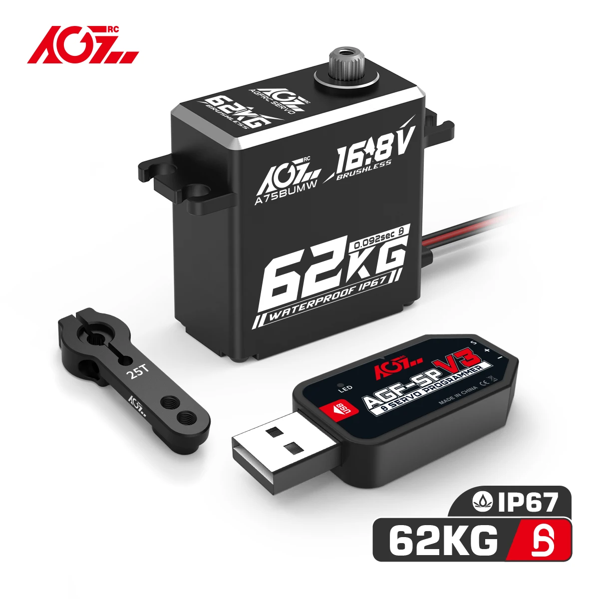 AGFRC 62KG Super Torque A75BUMW 4S 16.8V HV Programmable Waterproof Brushless RC Servo For 1/8 1/10 RC Car Crawler Buggy Truck