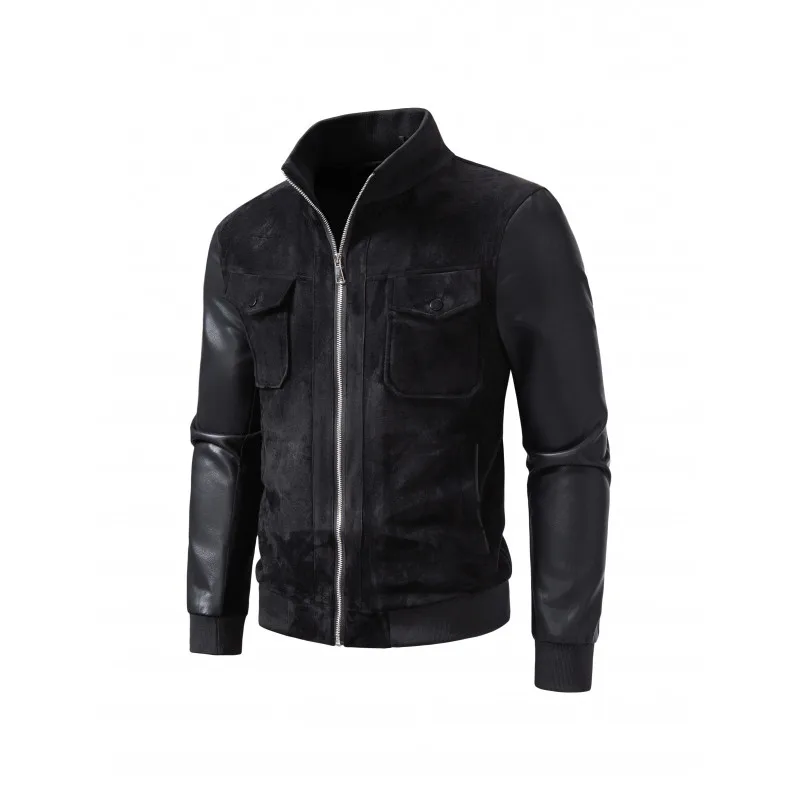 Autumn Winter Men's Suede Spliced PU Leather Jacket Stand Collar Zip Casual Coat Multi Pockets Plus Size L‑6XL Male Outerwear