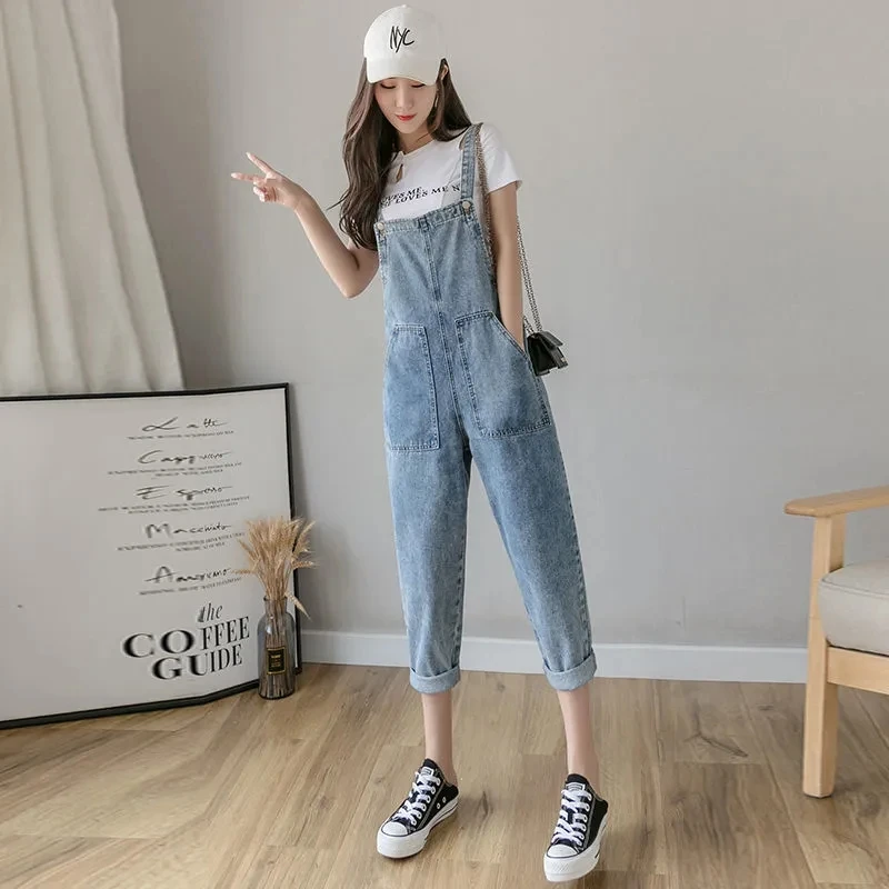 

Women Clothes Solid Color Denim Jumpsuits 2024 Spring Summer Rompers Overalls Big Pocket Jean Pant Femme Casual Back Strap Pants