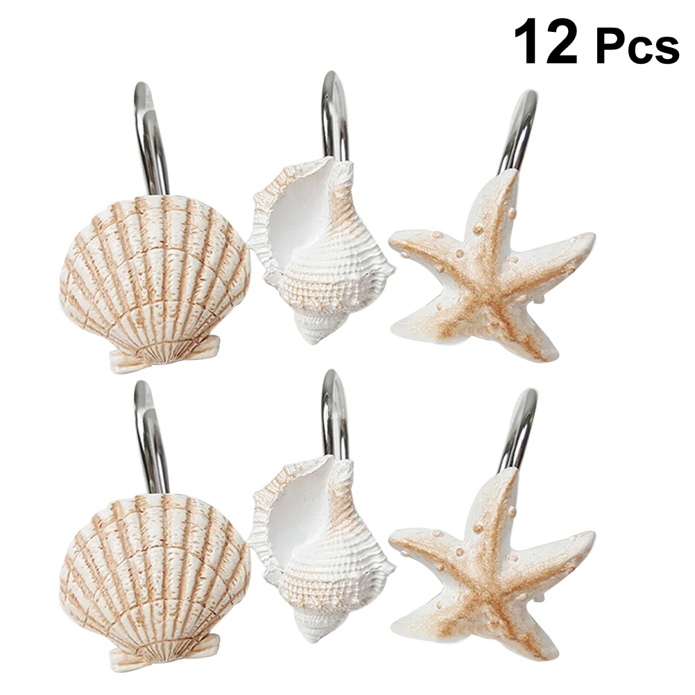 12pcs Ocean Theme Shower Curtain Hook White and Brown Resin Curtain Hooks Decor for Bathroom Baby Room Bedroom Living Room