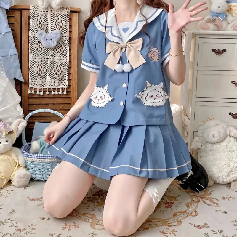 New kindergarten jk uniform spring cute long-sleeved short-sleeved sailor suit Schoolgirls Sailor Tie Pleated Skirt Outfit Women