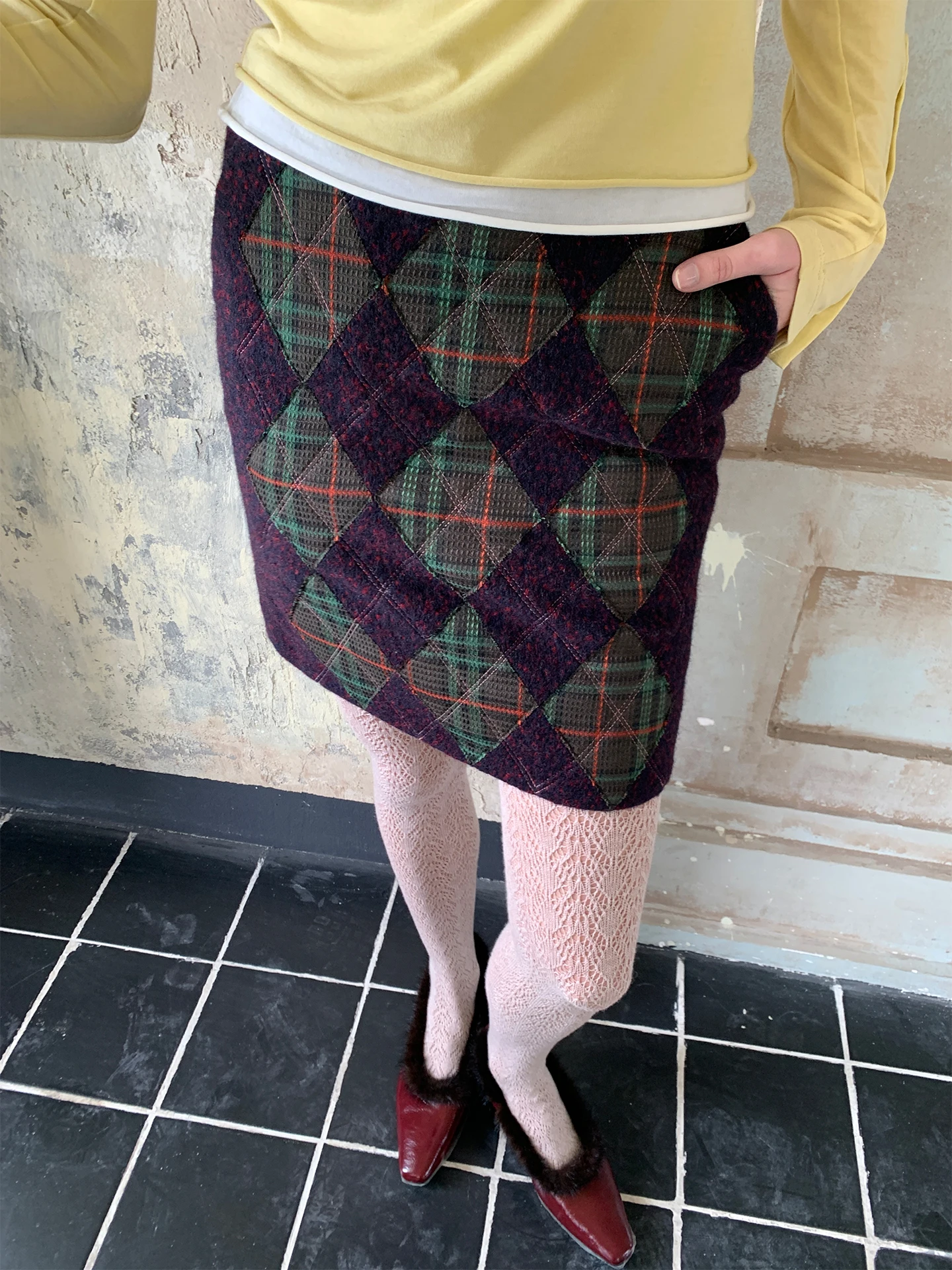 

Women's Woolen Plaid Skirt High Waist H-ape Slim Fit Casual Sle Embroidery Patchwork Autumn Winter Faion