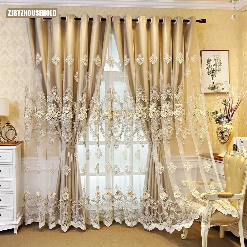 

Golden Double Layer Curtains for Living Room Dining Bedroom Tulle European Embroidered Luxury Villa Windows High Shading Flower