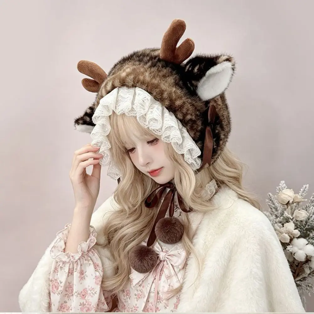 Thick Deer Pattern Faux Fur Hat Leg Cover Faux Mink Fur Cross-tie Scarf Lace Edge Luxury Thermal Mink Fur Fake Collar Girls Gift