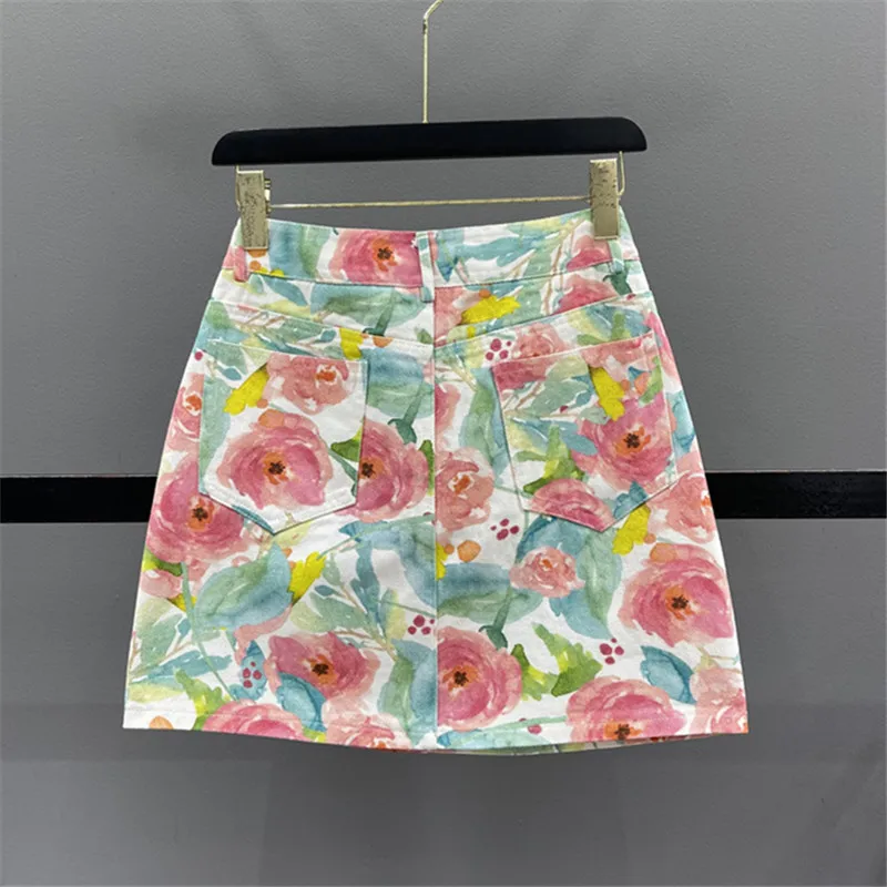 Flower Print Denim Skirt Women Summer Casual High Waist Short Skirts Graffiti Fashion Pocket Loose A-Line Jeans Skirt Female