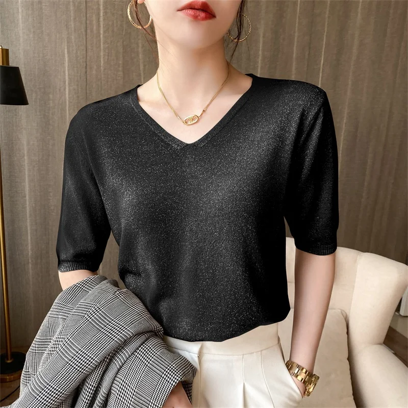Spring Thin V-Neck Ice Silk Half Sleeve Women's Fashion Bright Thread Loose T-Shirt Trendy Base Shirt Inner Wear Vest Outerwear