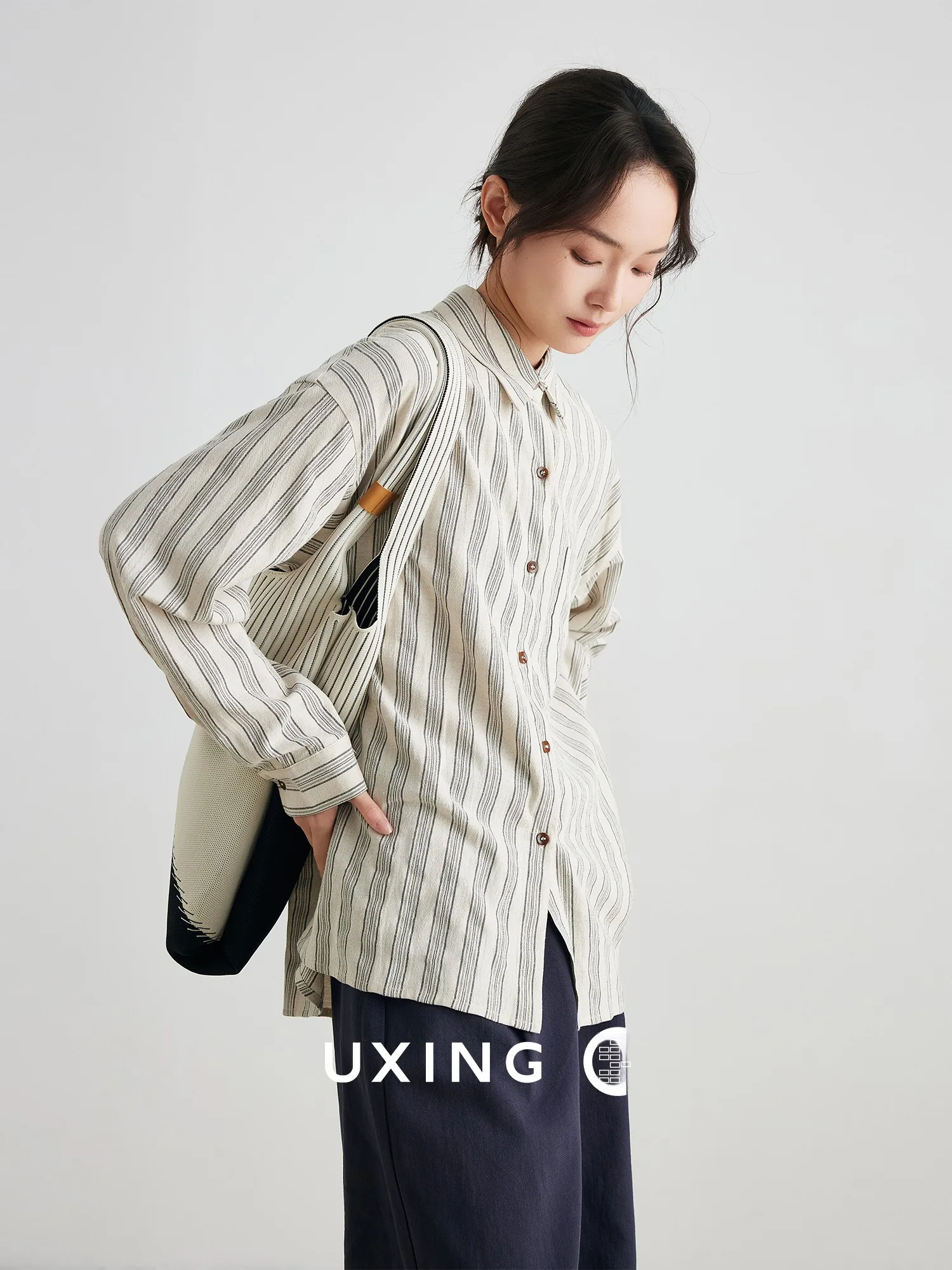 

High-End Faion Retro Striped Cotton Linen Women's Long Sve irt Spring 2025 Casual Versatile Loose Fit Button up