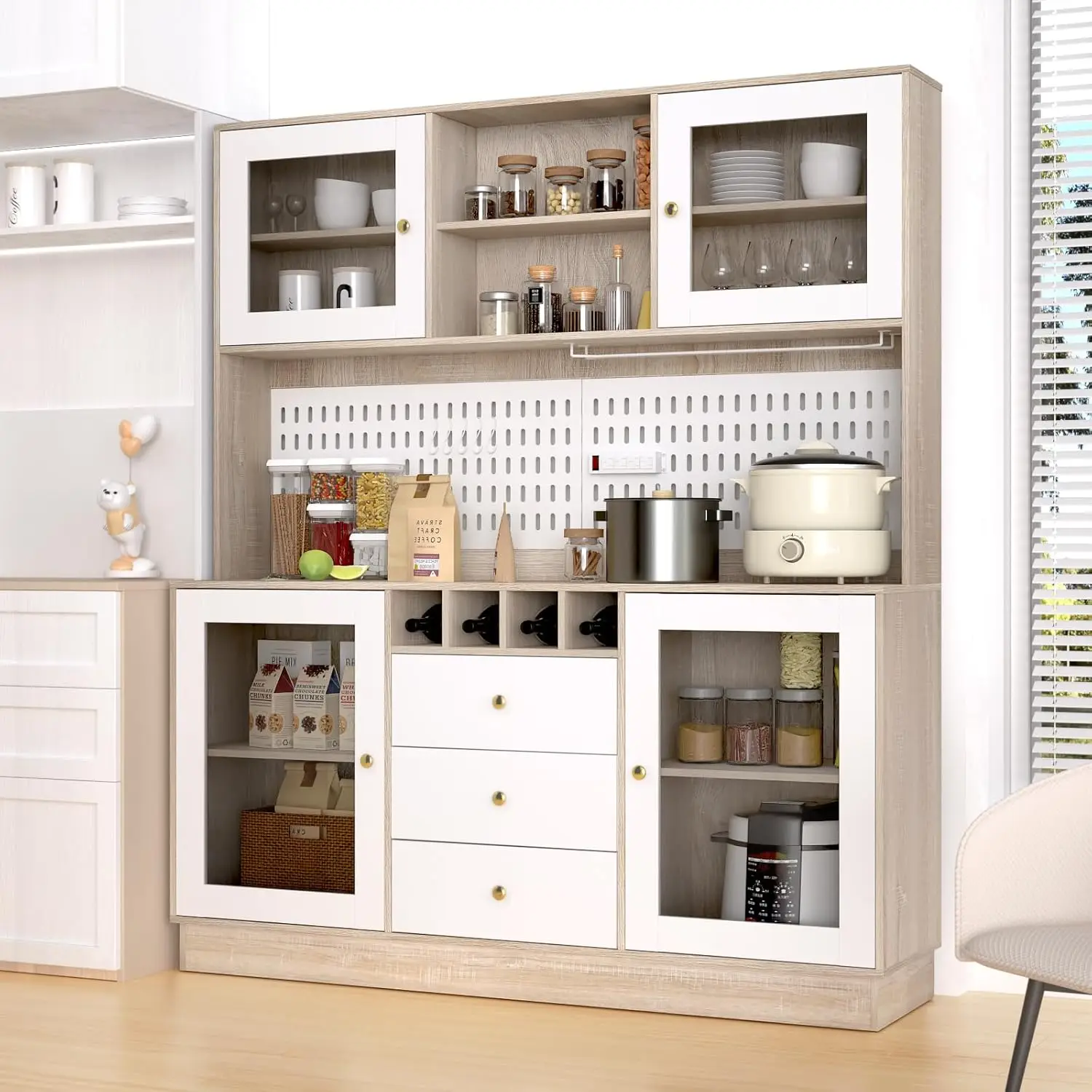 Kitchen Hutch Cabinet, Pantry Cabinet, Freestanding Buffet Hutch with Pegboard, Cup Holder, Power Outlet, 4 Doors & 3 Dra