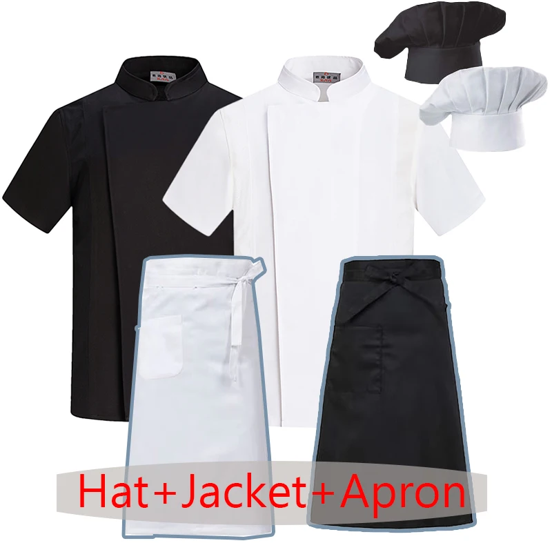 3-piece-cooking-chef-costume-short-sleeve-professional-uniform-hotel-overalls-catering-kitchen-clothes-cook-jacket-and-cap-apron