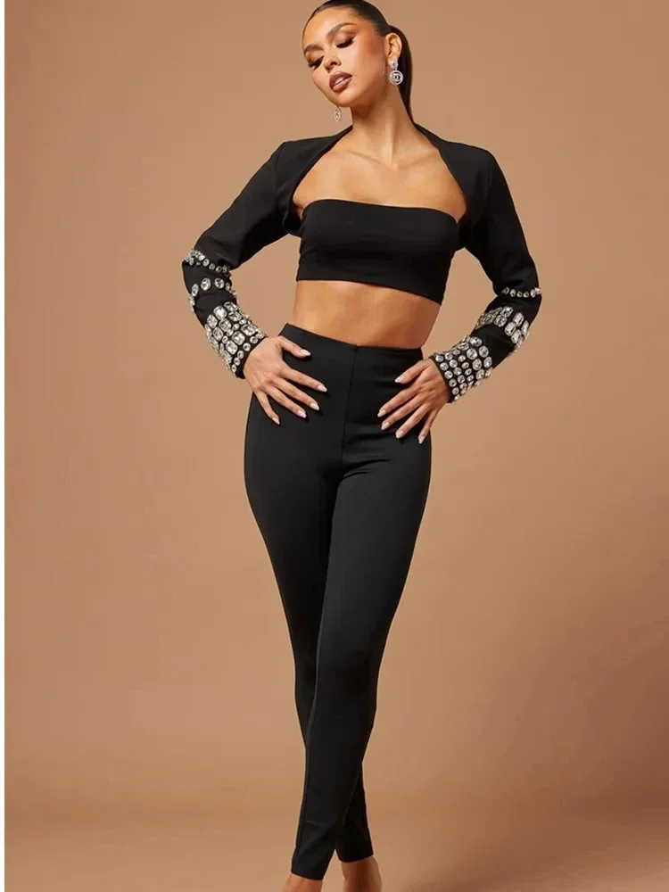 Women's Sexy Long Sleeve Crystal Diamond Black Three Pieces Pants Bandage Set 2024 Celebrity Designer High Street Women Set