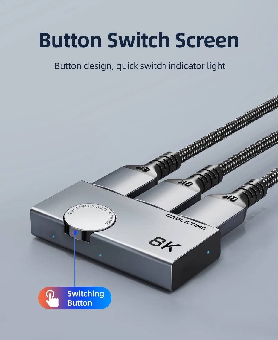CABLETIME HDMI Splitter 8K 60Hz 4K 120Hz 2-in-1 Umschalter 3D Vision Aluminium-Knopf-Design Adapter für Laptop Macbook Pro Lenovo – Detail 7