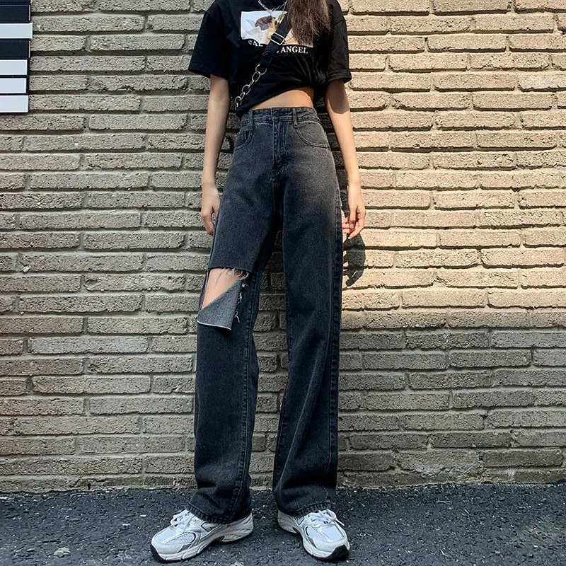 

Women Hole Jeans Wide Leg Pants High Waist Vintage Full Length Pockets Button Distressed Straight Trousers 2024 Casual Denims