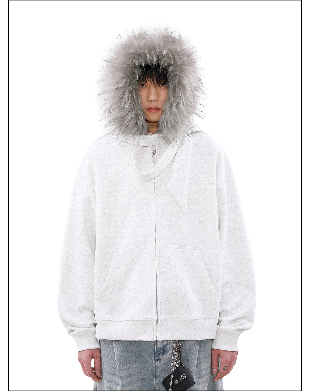 American Fashion Trendy Design Lace-Up Fur Collar Hooded Sweatshirt Stylish Winter Fleece Zipper Cardigan Jacket for Men