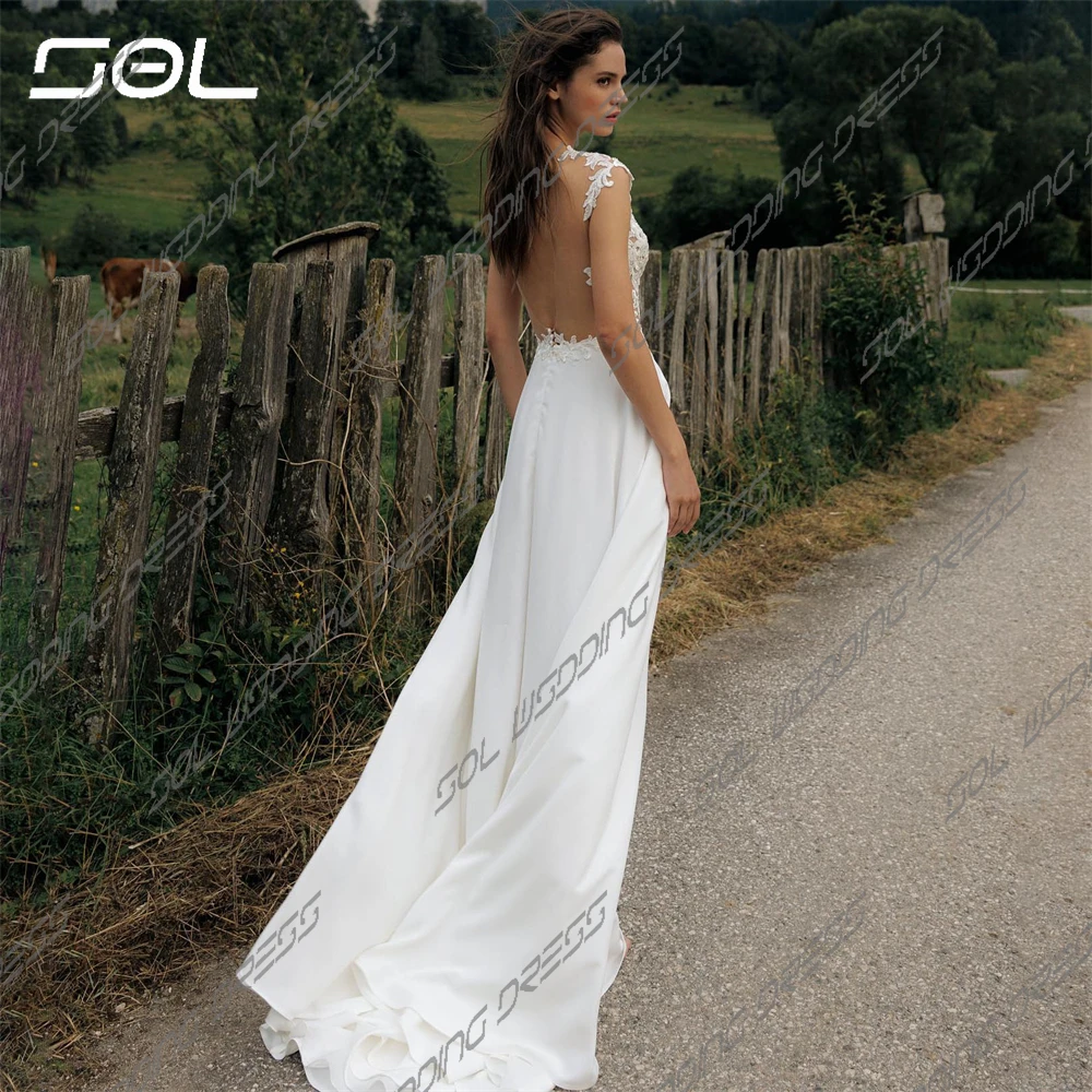 Vestido de novia de gasa con cuello en V, elegante vestido de novia bohemio con apliques de encaje, Espalda descubierta, línea A, Sexy, hecho a medida