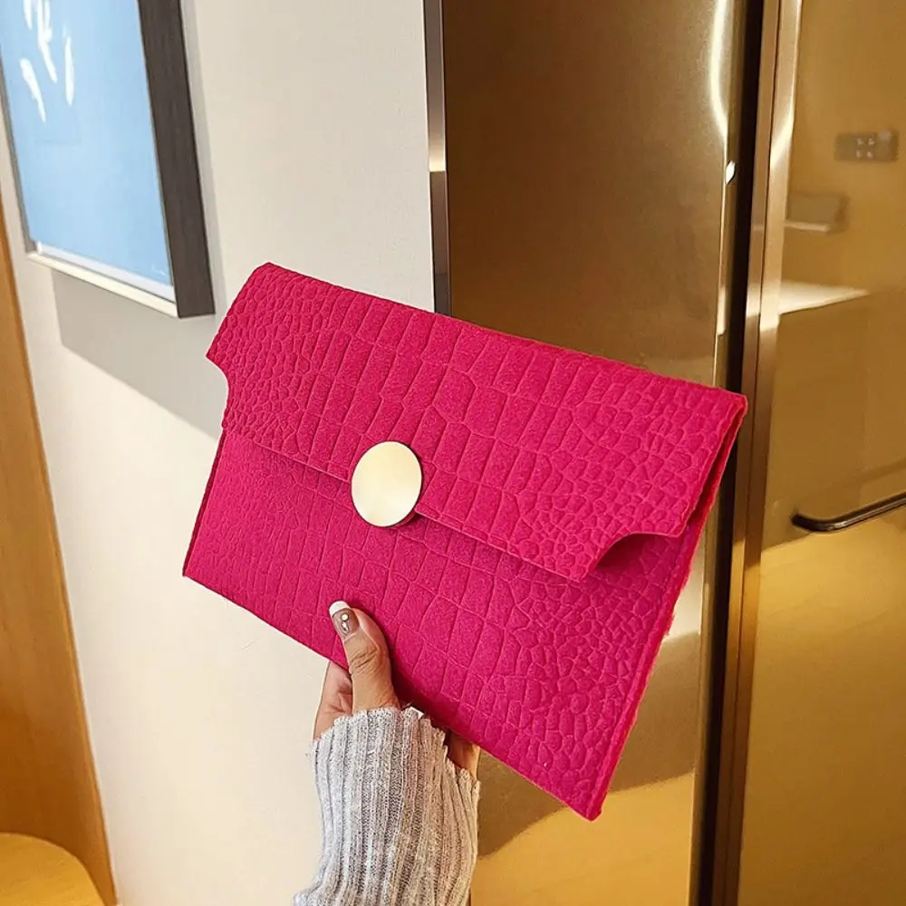 Pu Leather Envelope Evening Bag Korean Style Solid Color Ladies Clutch Bag Buckle Felt Crocodile Pattern Handheld Bag Women