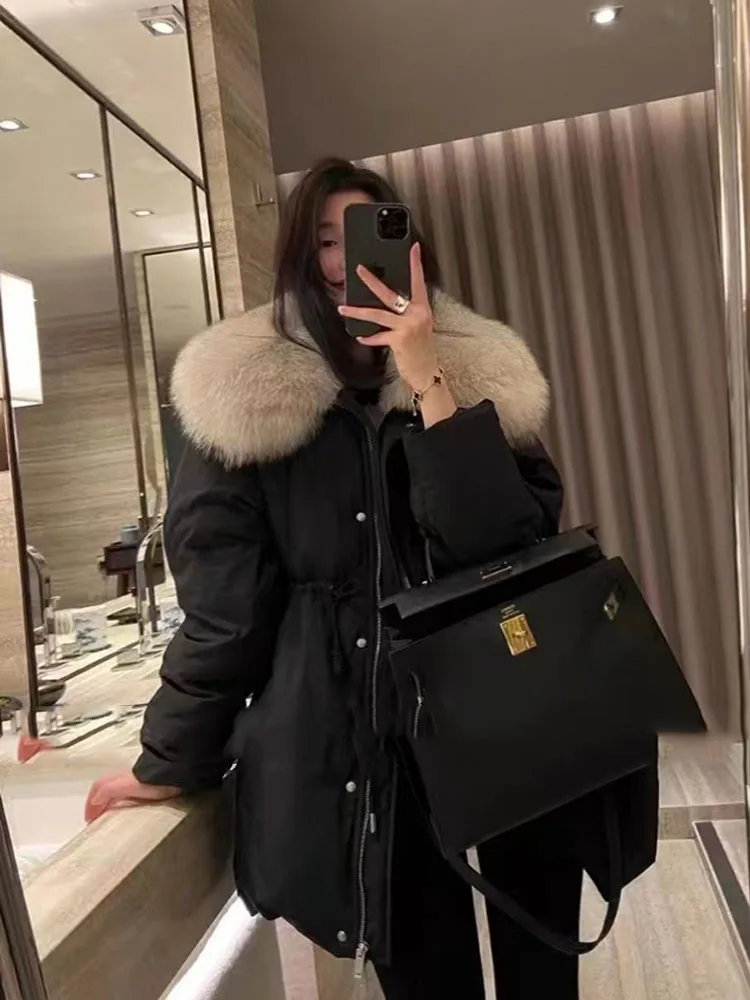 Echte natuurlijke vossenbontkraag donsjack damesmode witte ganzendons jas winter dikke donsjack warme bontjas