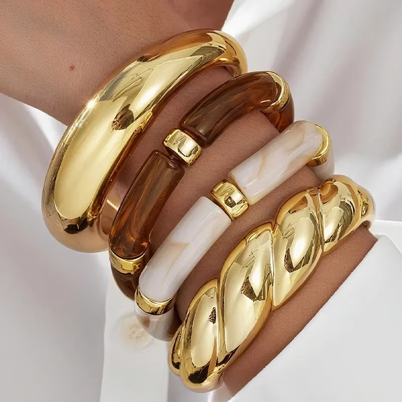 4pcs Vintage Stackable Resin Acrylic Bracelets for Women Bohemian Chunky Round Tube Beaded Elastic Bangle Bracelet Jewelry Gifts