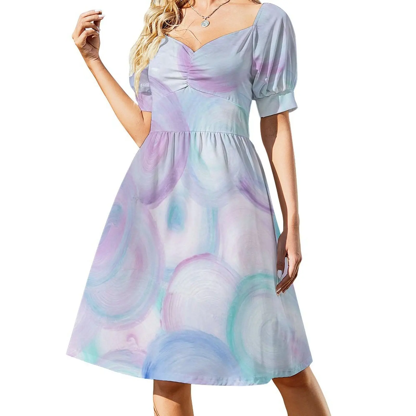 فستان كاجوال على الطراز الكوري التجريدي على شكل فقاعات الباستيل للنساء، فساتين بسيطة يومية للمكتب للسيدات، دوائر فقاعات الباستيل #2