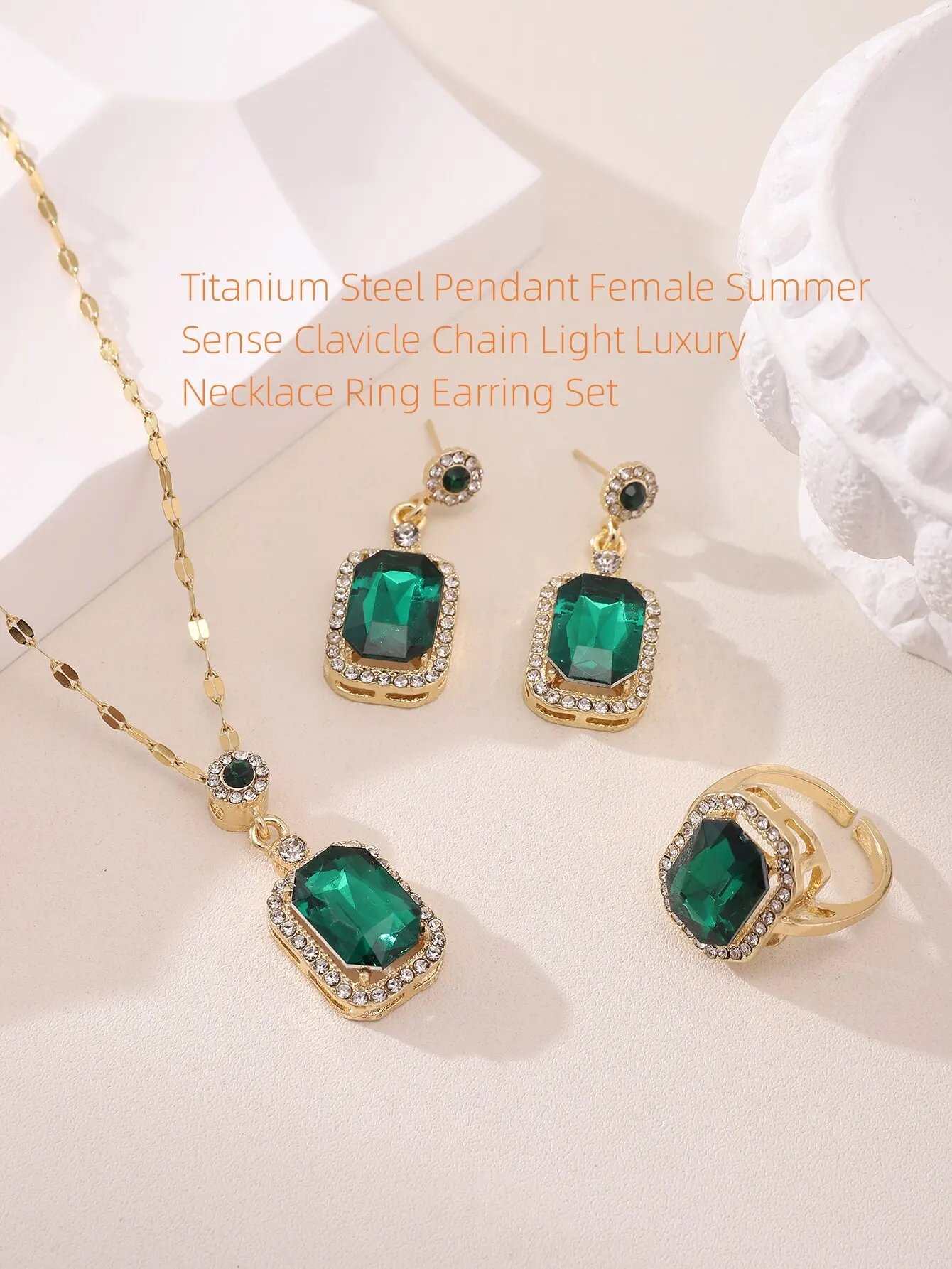 Emerald Crystal Titanium Steel Pendant Female Summer Minority Design Sense Clavicle Chain Light Luxury Necklace Ring Earring Set