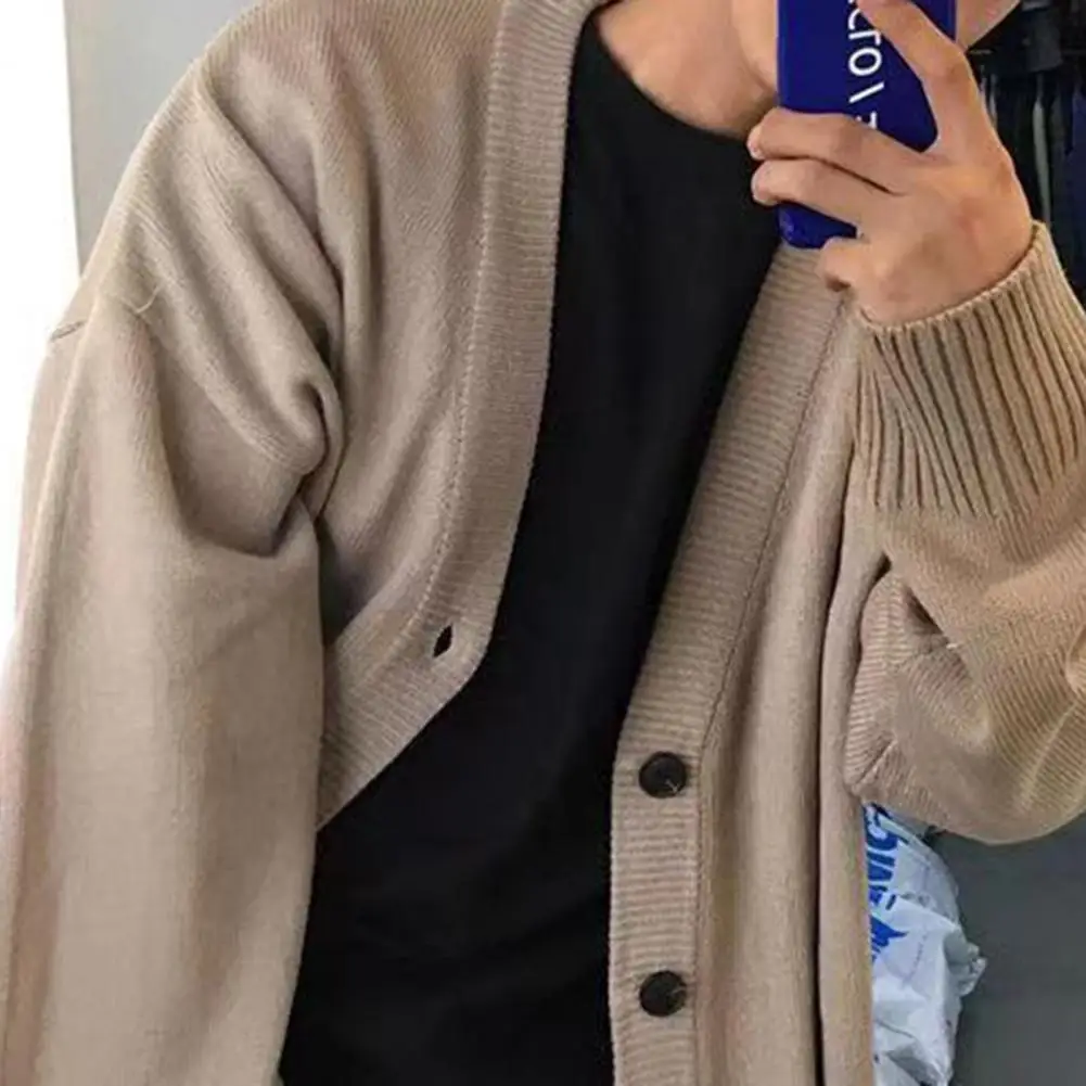 Sweater Coat Men's V Neck Knit Sweater Cardigan for Fall Winter Thick Elastic Long Sleeves Preppy Style Warm Solid Color