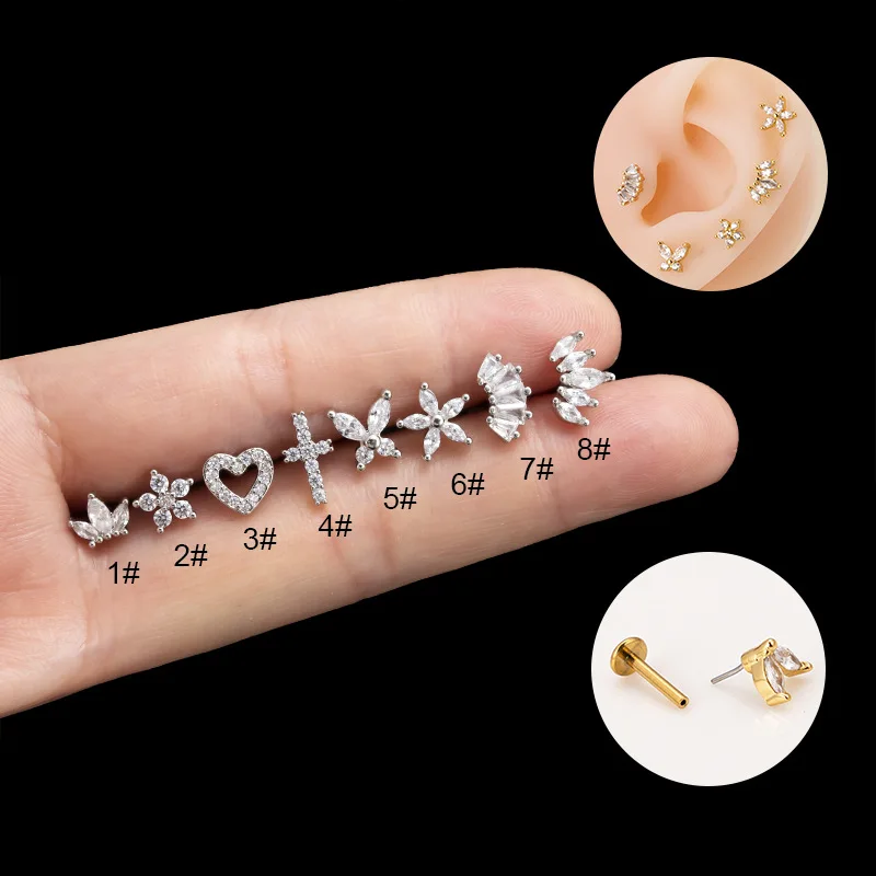 1PC Push In Internally Thread Labret Piercing Ear Ring G23 Titanium Stud Crystal Gem Flat Back Tragus Helix image 2