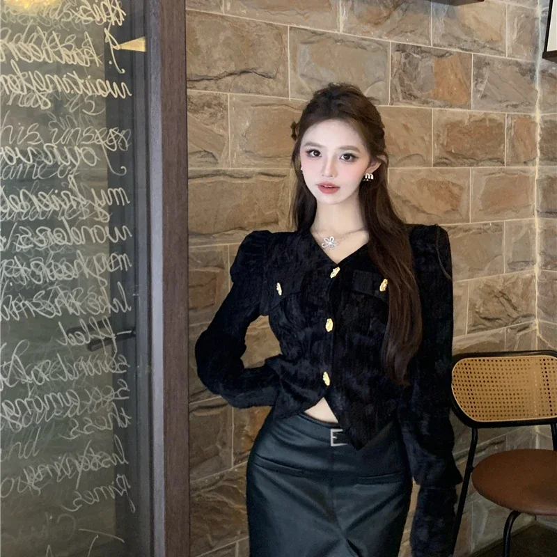 2024 Autumn and Winter New Women Top Bubble Sleeves V-Neck Gold Velvet Top Elegant Slim Versatile Y2k Top Female