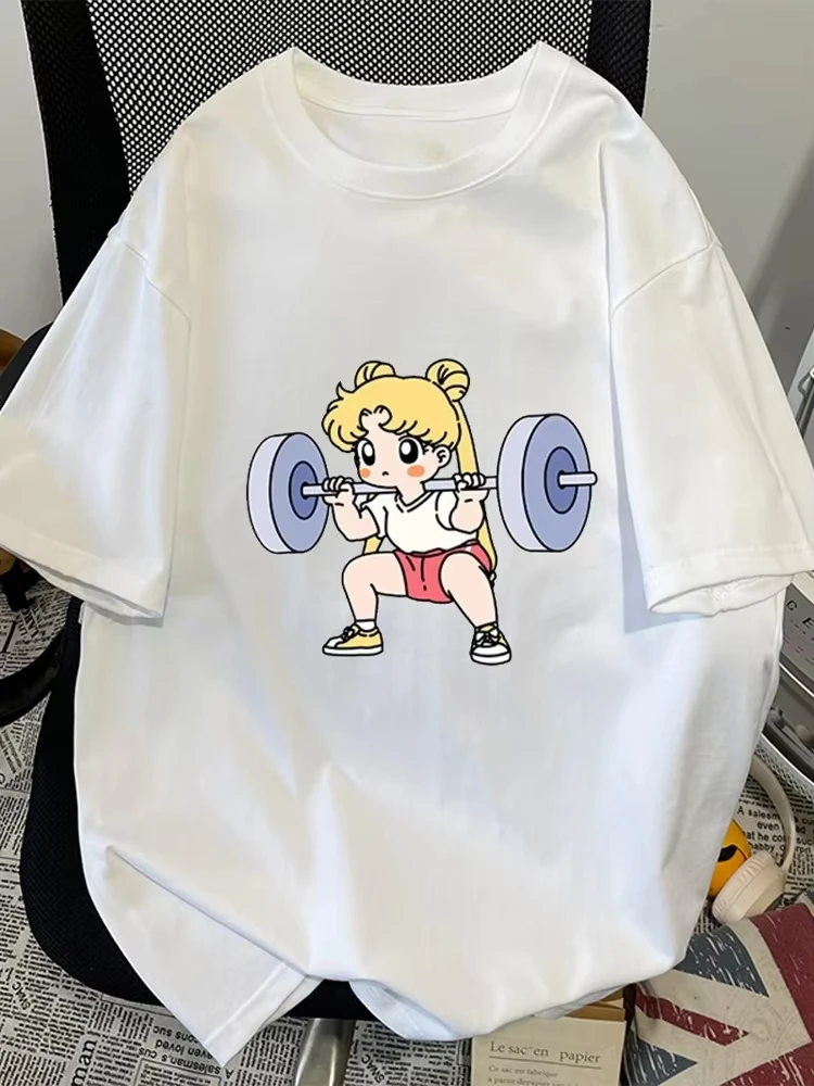 Sailor Moon Lifting Iron Fitness Women's T-Shirt Parent-Child Summer Cute Sweet Fun Short Sleeves Top Aesthetic Clothe