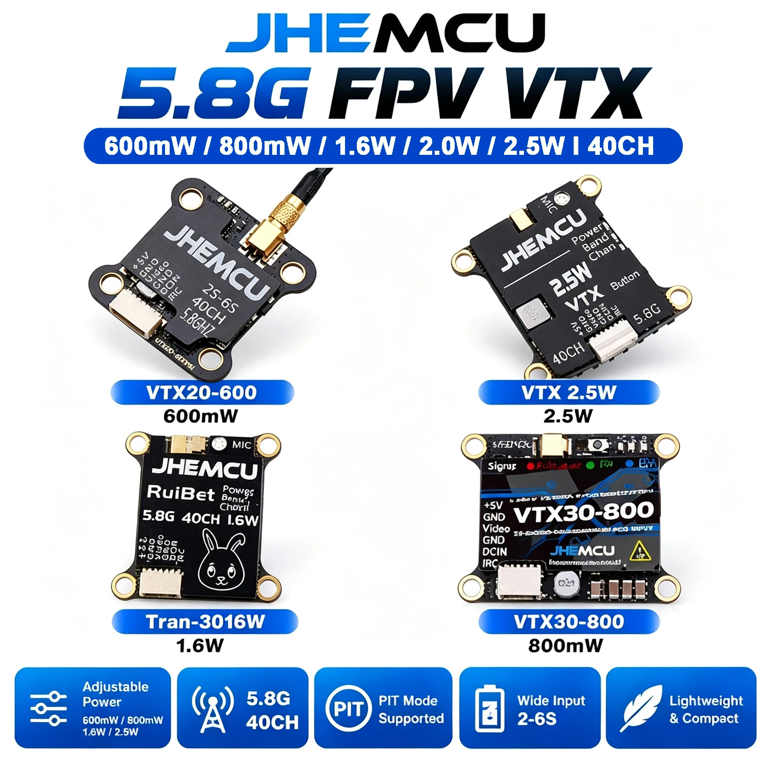 JHEMCU 5.8G 40CH FPV VTX Transmitter VTX20-600 VTX30-800 1.6W 2.0W 2.5W PitMode 2-6S RC FPV Long Range Racing Drone Airplane