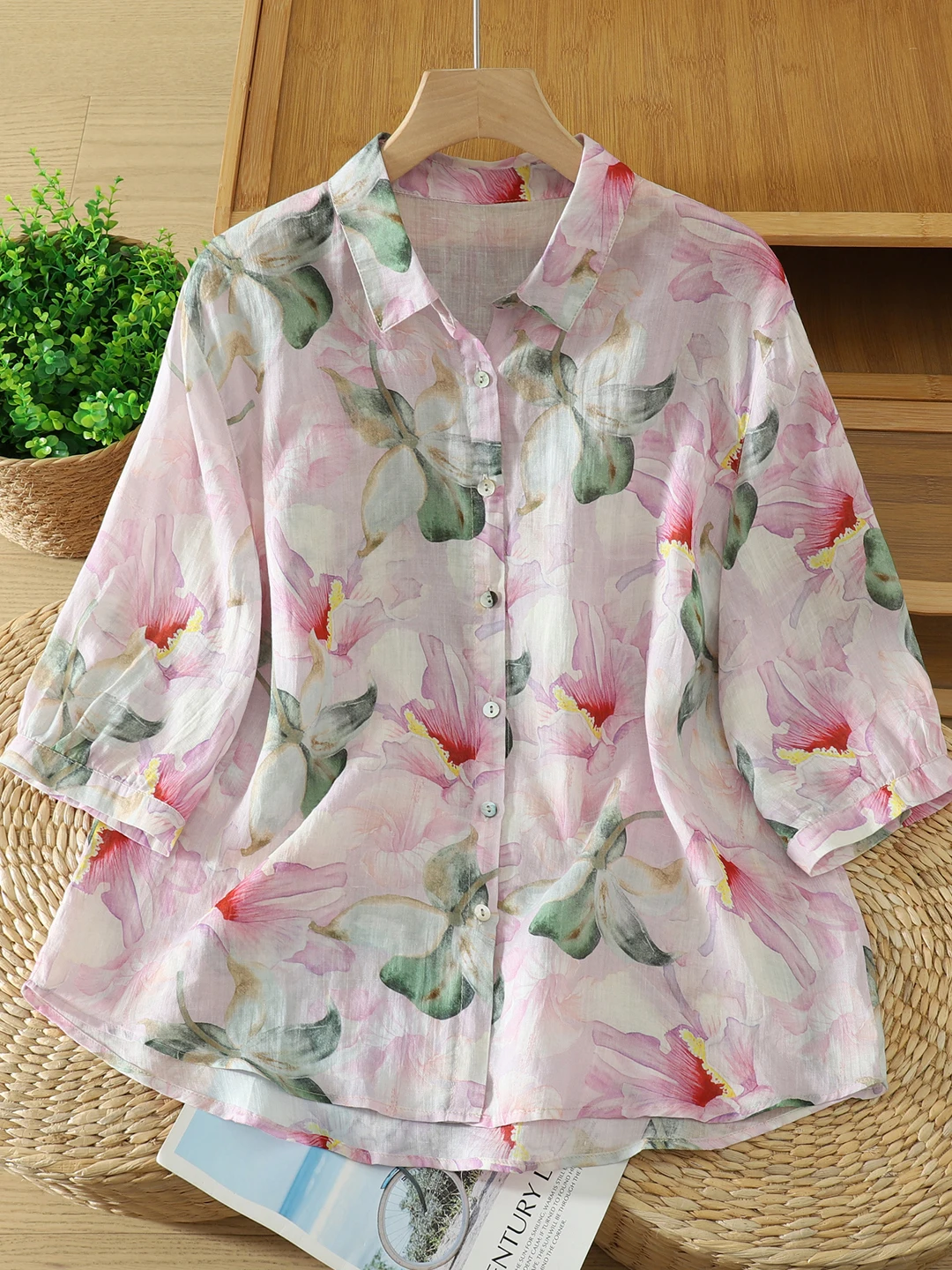 Loose Fit Floral Print Shirt Women's Summer 2026 New Style Breathable Slimming Thin Material Comfortable Anti-Aging Top