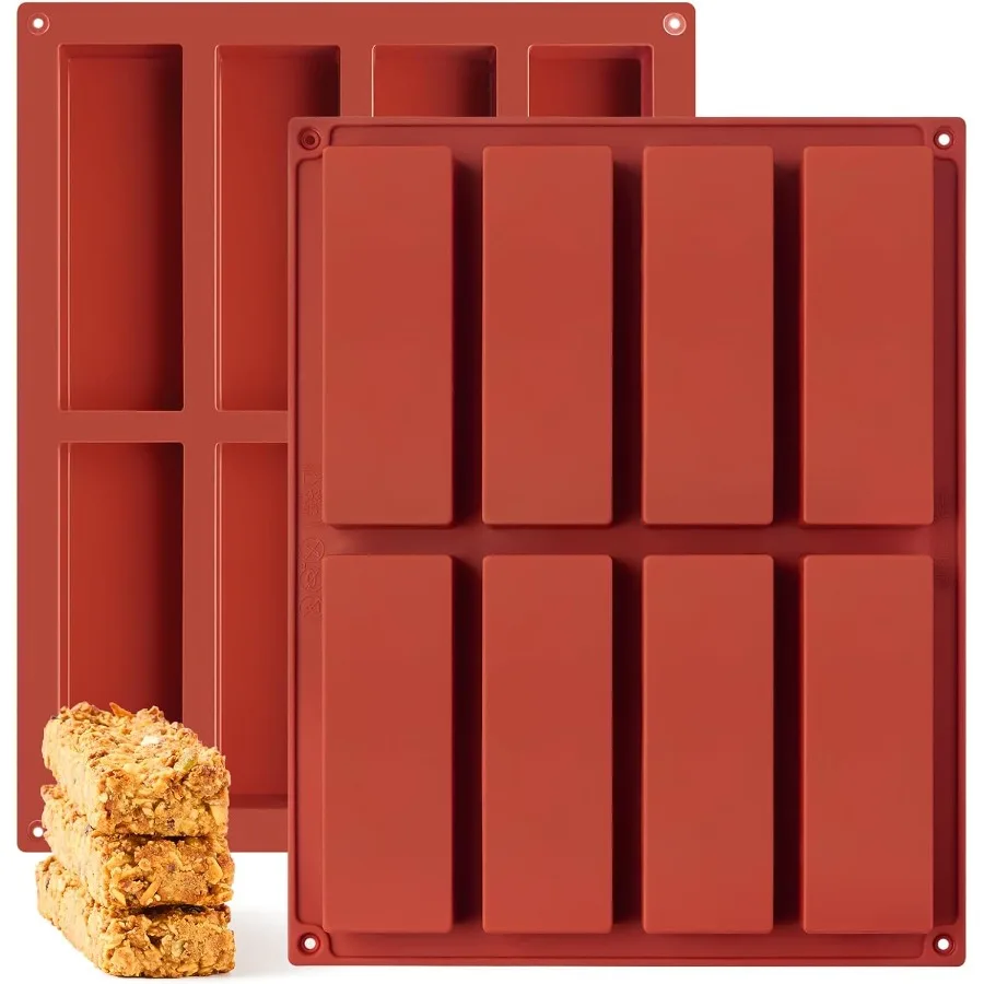 Paquete de 2 moldes de silicona para barra de granola, molde rectangular para barra de proteínas de 8 cavidades, moldes para hornear de silicona para mantequilla, Chocolate, caramelo, cereales E
