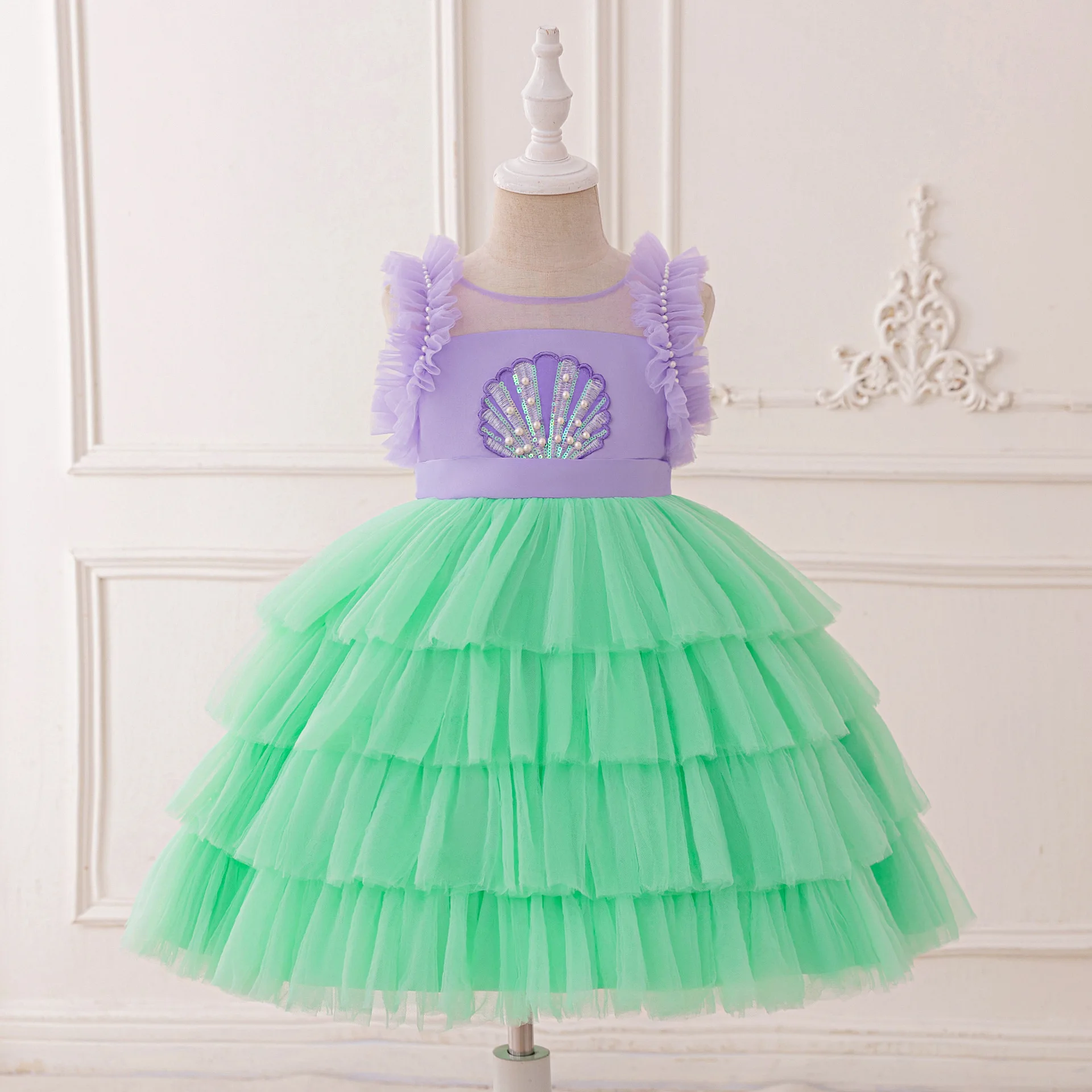 

Summer New Girl's Shell Pearl Sequin Sling with Flying Sleeves and Mesh Mermaid Sweet and Cute Birthday Party Princess Dress