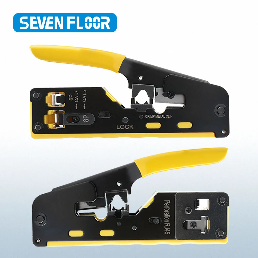 Straight RJ45 Crimping Tool Kit, Integrated Ethernet Crimper Cat6 Cat5 Crimping Tool Ratchet Modular Data Cable Crimper