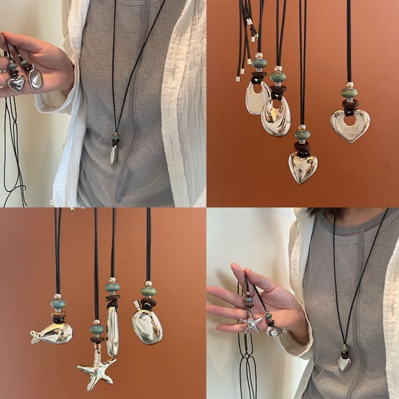 Silver Water-Drop Geometric Heart Pendant Ceramic Beaded Necklace for Women Elegant Versatile Sweater Chain Party Jewelry Gifts