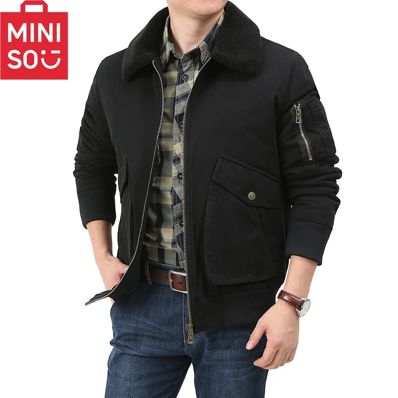 MINISO Heavy Industry Outdoor workwear Jacket with Velvet Thickened Cotton Coat Cotton Jacket Trendy Versatile Men\'s Casual Jack