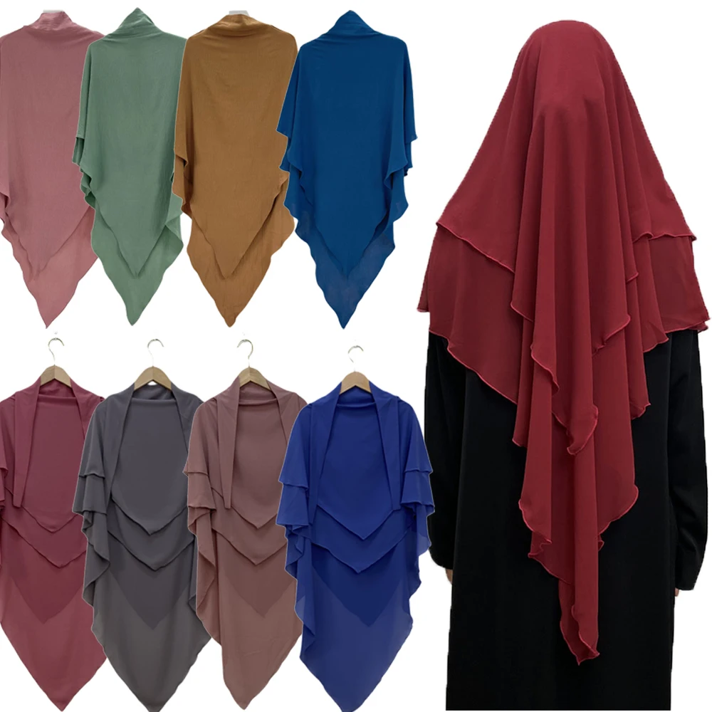 

Two Layer Long Khimar Women Muslim Hijab Ramadan Prayer Garment Veil Eid Hijabs Islamic Tie Back Caftan Niqab Headdress Clothing