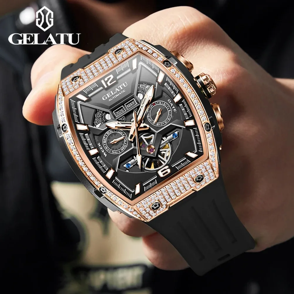 GELATU High Quality Tonneau Men\'s Watches Silicone Adhesive Tape Original Waterproof Hollow out Automatic Mechanical Male Clock