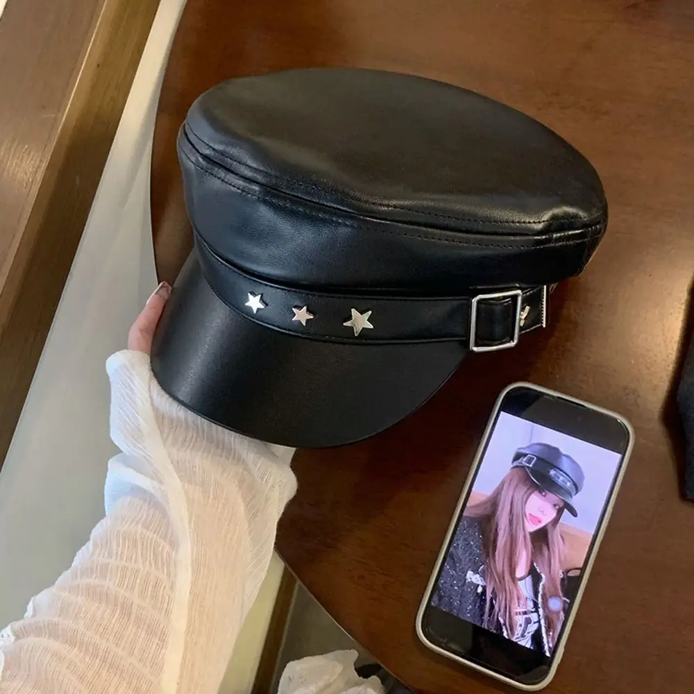 

Fashion Star Pu Leather Beret British Style Newsboy Cap Octagonal Hat Artist Hat Flat Top Painter Hat Girl