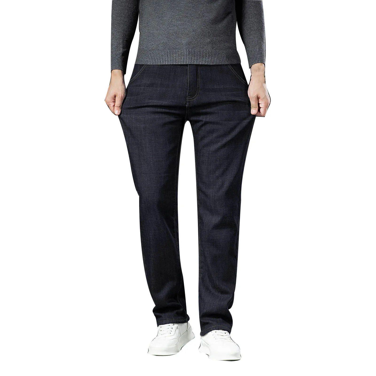 2024 Winter Jeans Men Straight Warm Thick Fleece-lined Denim Trouser Male Classic Business Casual Cowboy Pant Stretch Black Blue
