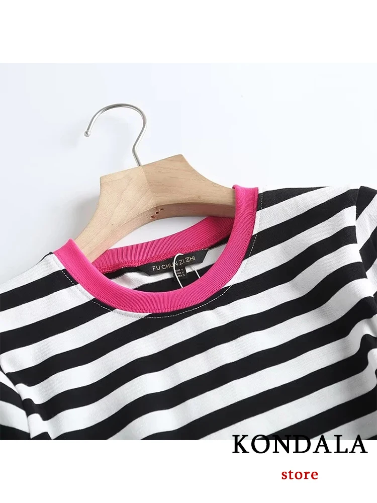 KONDALA Fashion 2023 Summer 100% Cotton Striped T-Shirts Women Short Sleeve O Neck Loose Blouses Vintage Women Tops