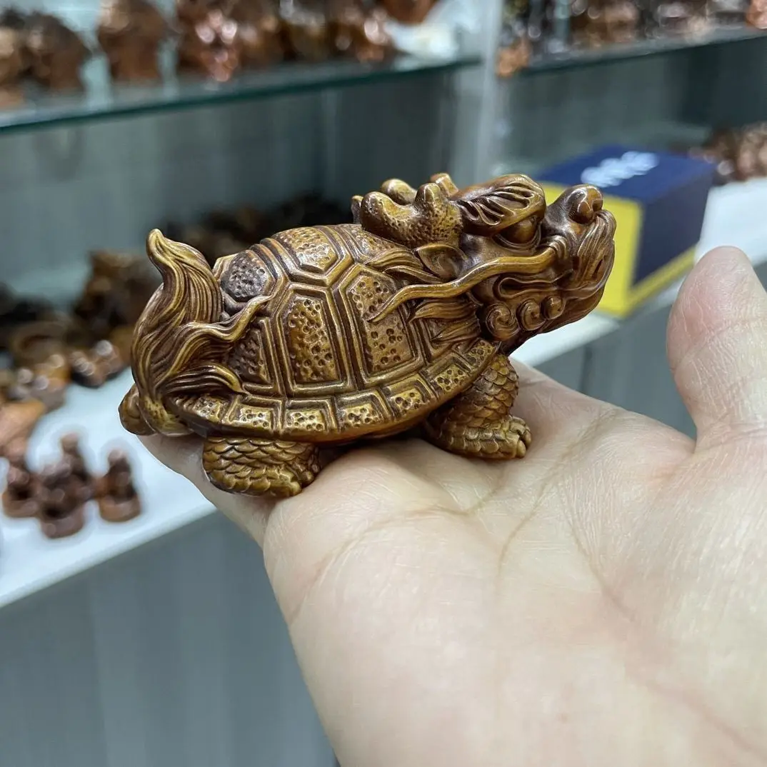 Hand Carved Wood Dragon turtle bring in wealth and treasure turtle Statue Figurine Desktop Ornaments Home Decoration