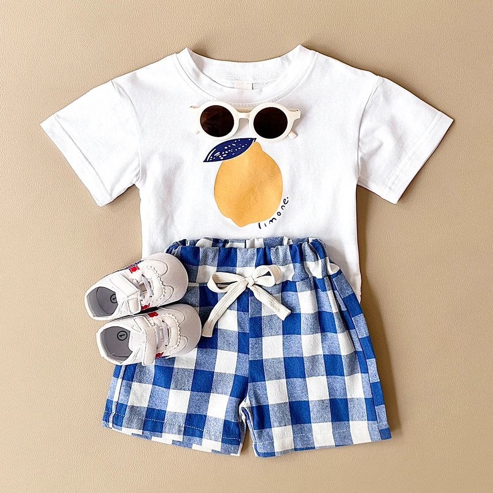 2PCS Summer Baby Boys Girls Clothes Set Lemon Print T-shirt+Checkered Shorts Beach Infant Toddler Outfit Suit 0-3Y