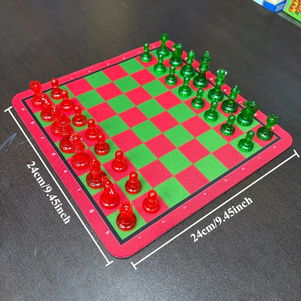 Chess Set 24cm Red and green chess mat and pieces, Chessboard Set: 24Cm Chessboard 32 Chess Pieces King Height 4.9CmChess Game