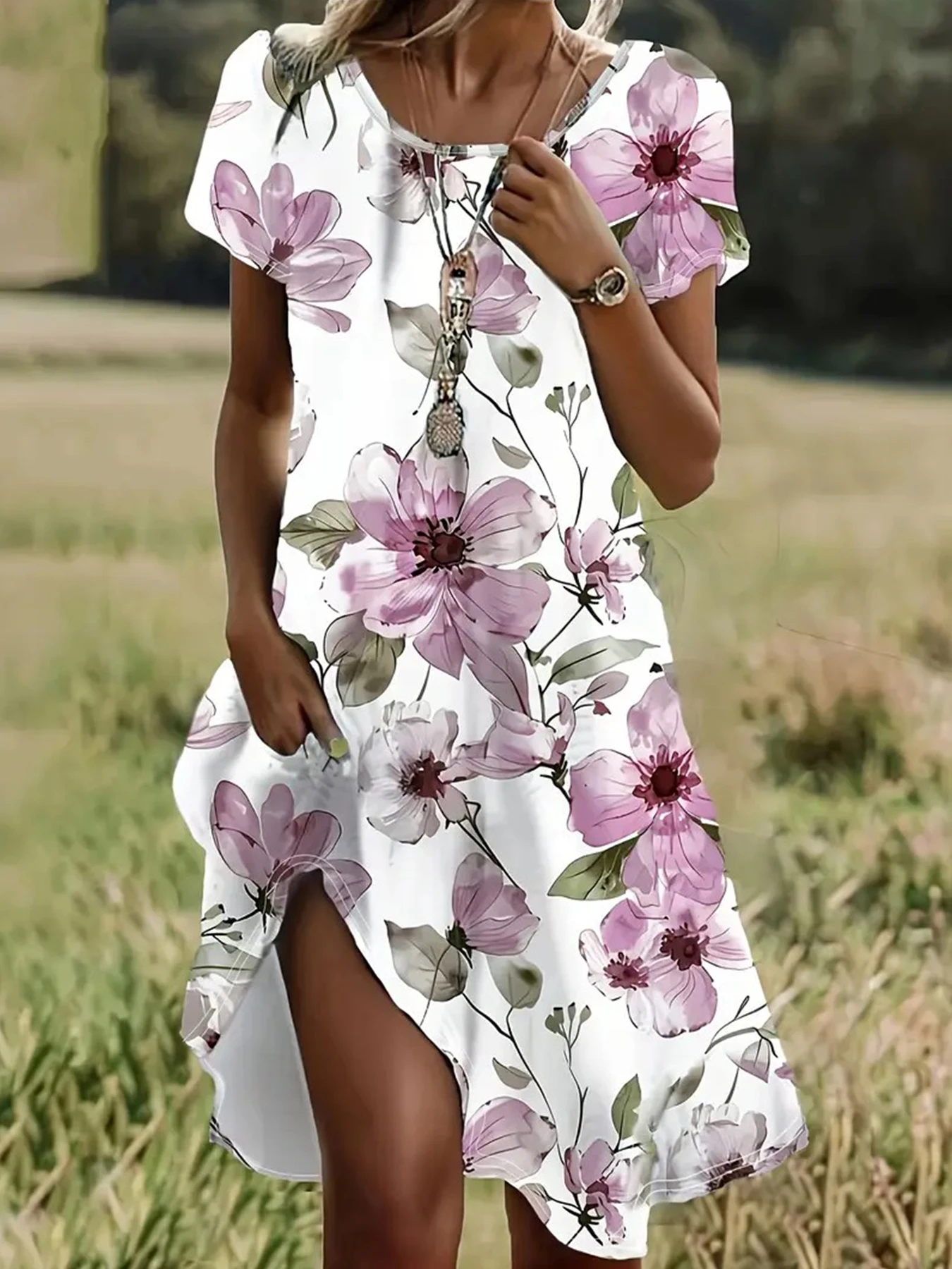 

Women's Floral Print Maxi Dress Crewneck Short Sleeve Sundress with Vibrant 3D Printed Womens Summer Clothing 2025 Trendy