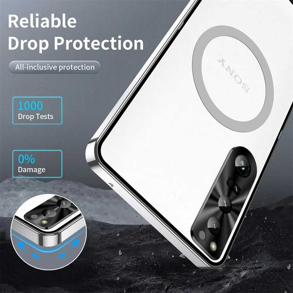 Luxury Metal Armor Magsafe Case For Sony Xperia 1 5 V 1V 5V Alloy Bumper Matte Transparent PC Back Shell Lens Armor Cover Funda