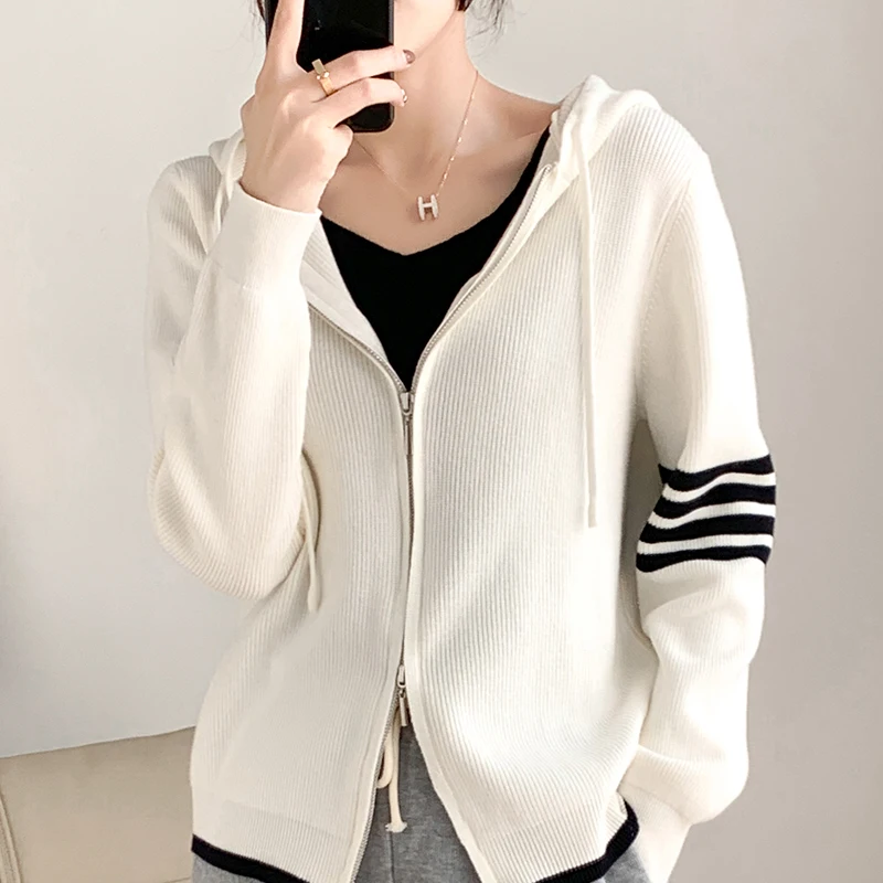 Women Cashmere Hooded Double Zip Cardigan Sweater Cardigan TB 2022 Knitted Spring Autumn New Fashion Top